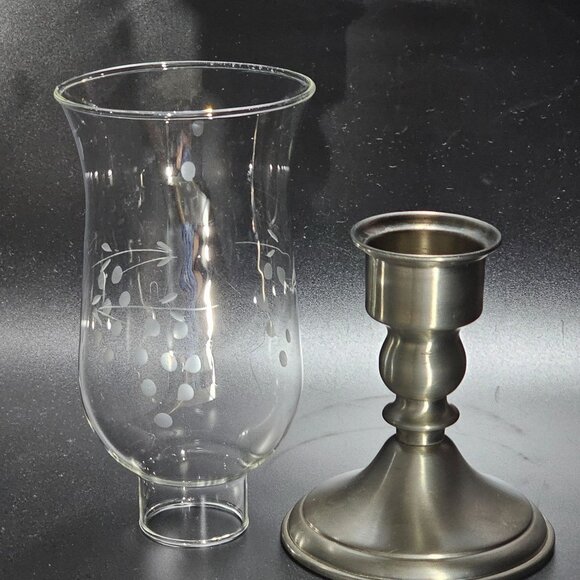 Leonard Colonial Hurricane Candlestick Holder 10" Etched Glass Pewter Base vtg 8 - Picture 4 of 9